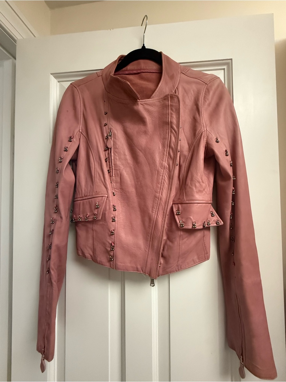 Ermanno Scervino Pink Studded Leather Moto Jacket